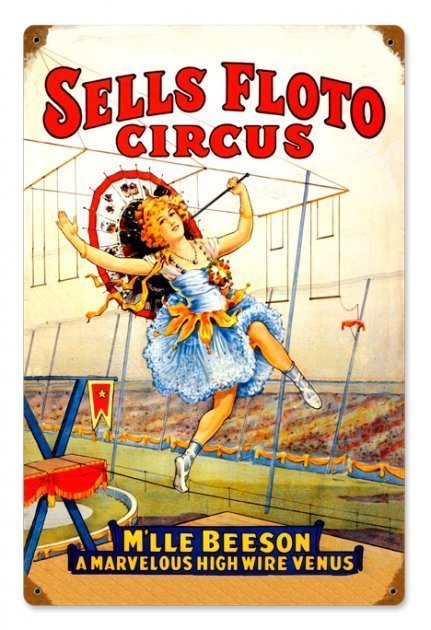 SELLS FLOTO CIRCUS HIGH WIRE ACT METAL SIGN