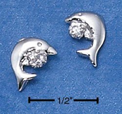 Sterling Silver Dolphin Post Earrings w/Cubic Zirconia