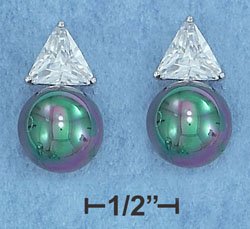 Sterling Silver w/Platinum Plating Faux Black Pearl CZ Post Earrings