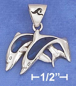 Sterling Silver Double Jumping Dolphins w/Paua Shell Inlay Pendant