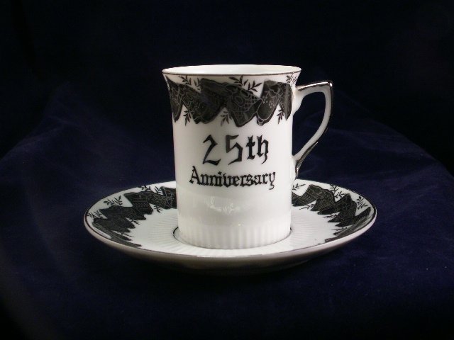 Norcrest China 25th Anniversary demitasse tea cup and saucer platinum C-476