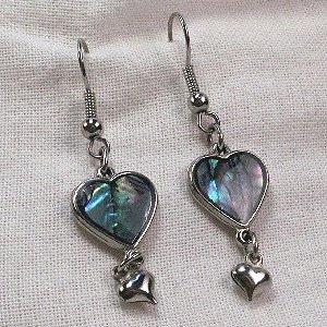 Silver Abalone double heart dangle earrings blue green pink shell