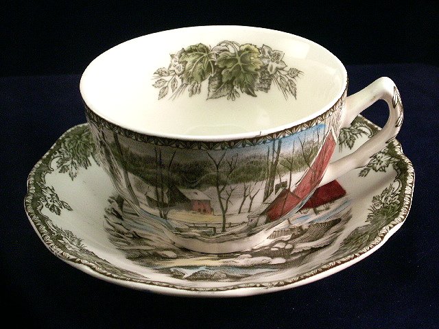 Johnson Bros Friendly Village tea cup saucer England brown backstamp Ice House