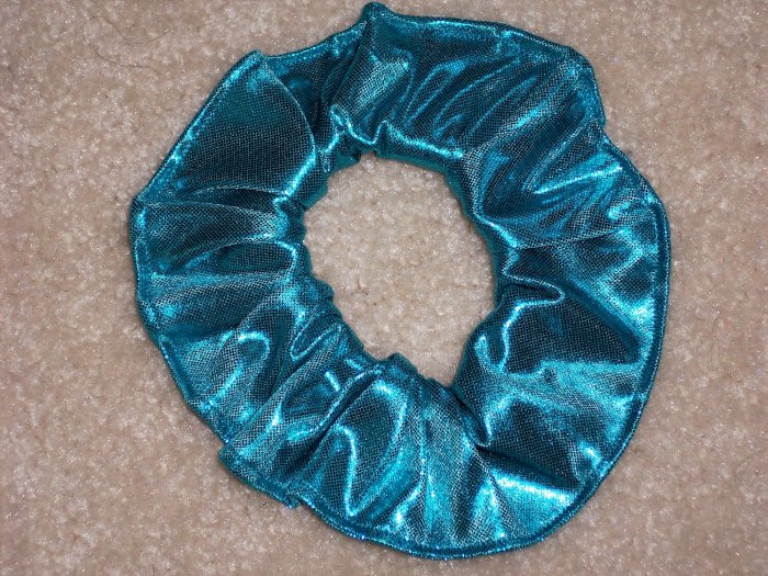 Teal Blue Metallic Foil Glitter Knit Fabric Hair Scrunchie Scrunchies