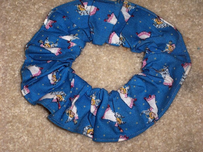 Little Angels on Blue Fabric Hair Scrunchie Scrunchie