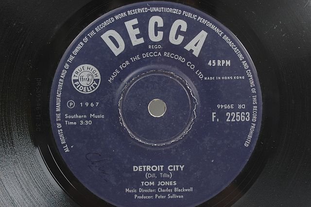 TOM JONES Detroit City HONG KONG 1967 7" SP Decca