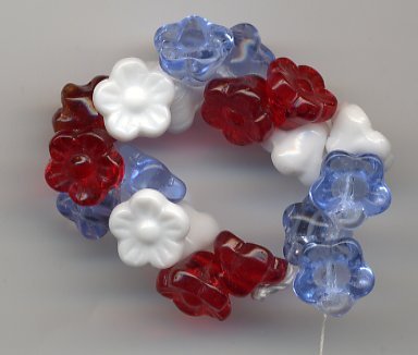 Patriotic Red White & Blue Flower Buttons Glass Czech Beads 18pc