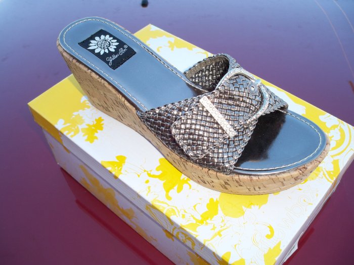 Pewter Cork Wedge w/ Rhinestone Buckle - Size 6.5