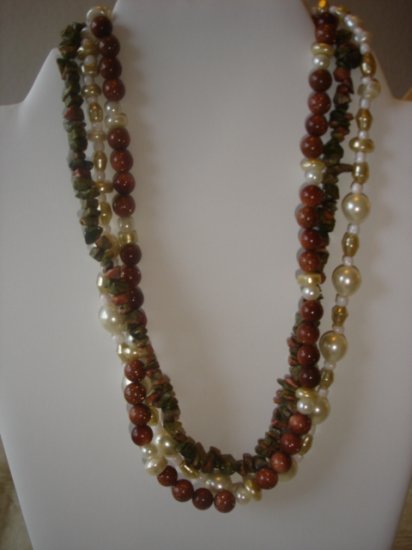 3 stranded Unakite/Goldstone Gemstone Necklace