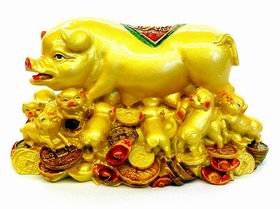 Pigs on Bed of Gold Ingots and Coins