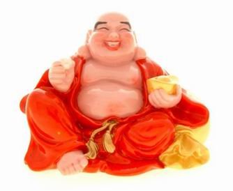 Red Robed Laughing Buddha Holding an Ingot