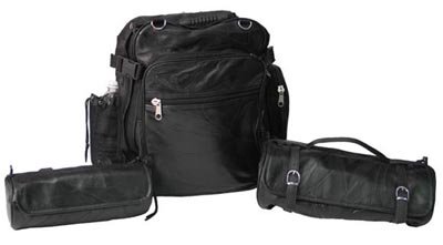 Diamond Plate 3pc Rock Design Genuine Buffalo Leather Motorcycle Bag Set.