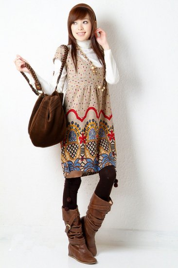 D18-Tribal print dress - Apricot