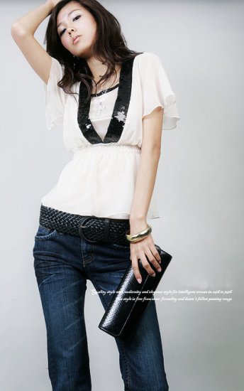 T55-White Chiffon V-neck top with sequin details