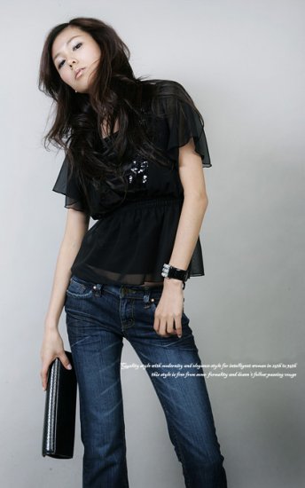 T54-Black Chiffon V-neck top with sequin details
