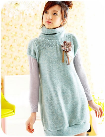 T18-Winter knitted woolen cap-sleeve pullover - blue