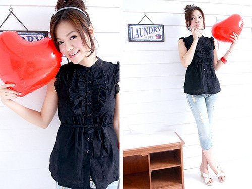 T22-Sleeveless ruffled top - Black