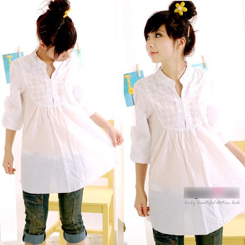 T7-bubble-sleeve long top with embroidery and pleat details