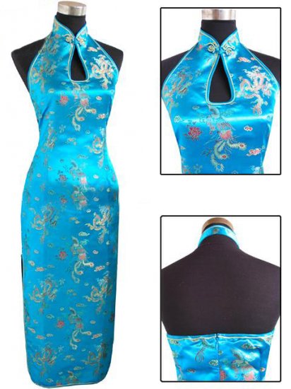 Lake Blue Chinese Backless Evening Gown/Qipao