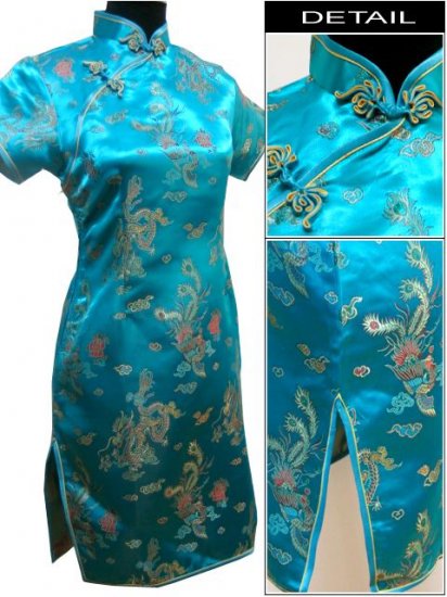 Lake Blue Gragon and Phoenix Mini Chinese Dress / Qipao