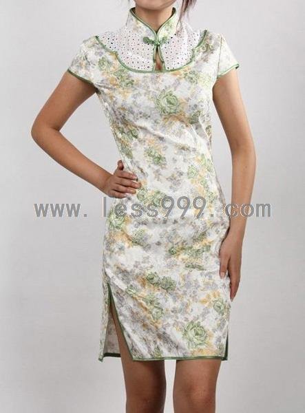 Jacquard Cotton Green Flowers Hollow Drip Collar Chinese Mini Dress