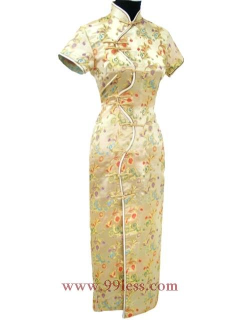 Chinese Satin Golden Chinese Long Dress/Chinese Gown/Oriental Style Dress 9QIP-0095