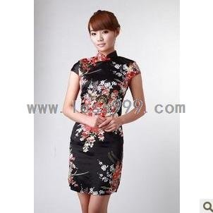 Black Silk Imitation Printing Oblique Lapel Chinese Mini Dress/Chinese Gown/Oriental Style Dress