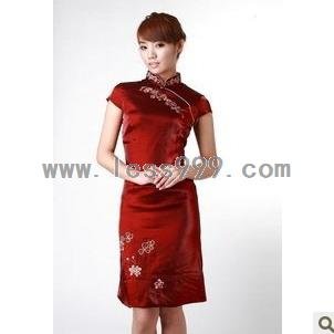 Maroon New Brocade Satin Cotton Embroidery with Liner Chinese Mini Dress/Oriental Style Dress