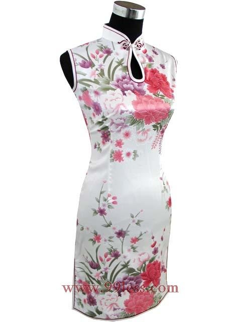 Silk White&Red Flower Chinese Mini Dress 9QIP-0305 /Chinese Gown/Oriental Style Dresses