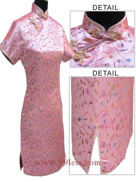 Satin Floral Print Chinese Mini Dress/Chinese Gown/Oriental Style Dress/Cheongsam-Pink