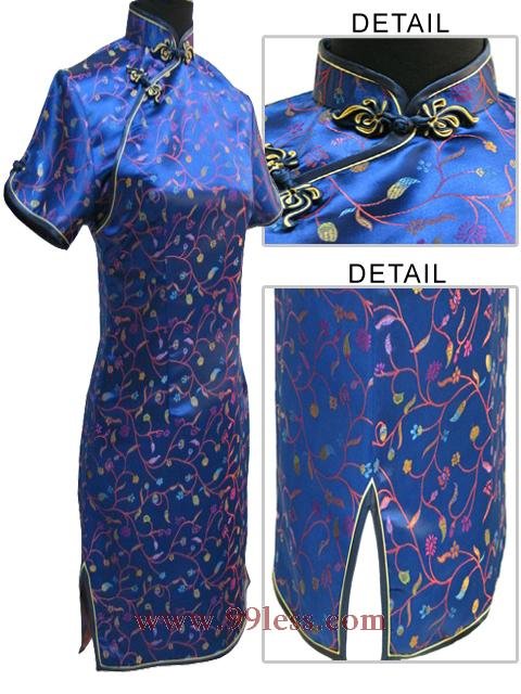 Satin Floral Print Chinese Mini Dress/Chinese Gown/Oriental Style Dress/Cheongsam-Navy Blue