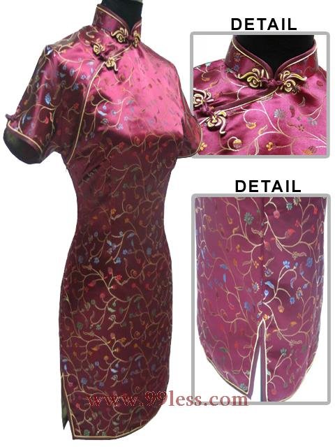 Satin Floral Print Chinese Mini Dress/Chinese Gown/Oriental Style Dress/Cheongsam