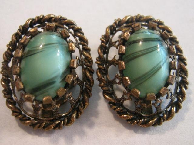 Vintage 50s ~ aqua Czech Glass Clip Earrings Open work