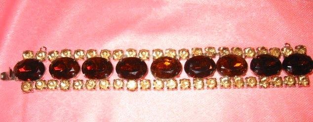 Bold & Beautiful ~ Vintage Amber Art Glass Rhinestone Bracelet