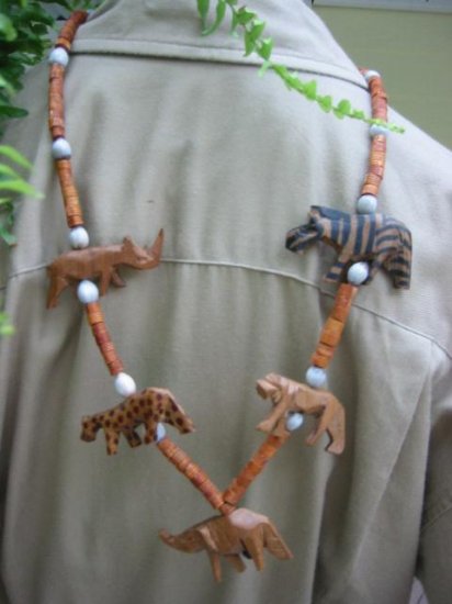 Hand painted ~ Safari Animal hand carved Wood Bead Necklace