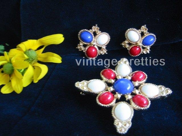 Red White Blue ~ Patriotic "Americana" demi parure Brooch Clip Earrings