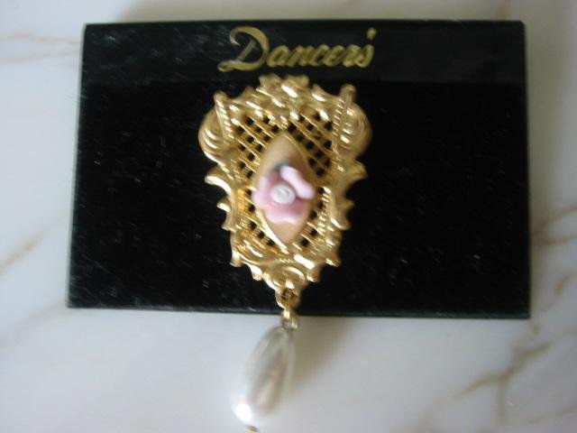 Prettiest ~ Pink Porcelain Rose Filigree Brooch Pin pearl drop