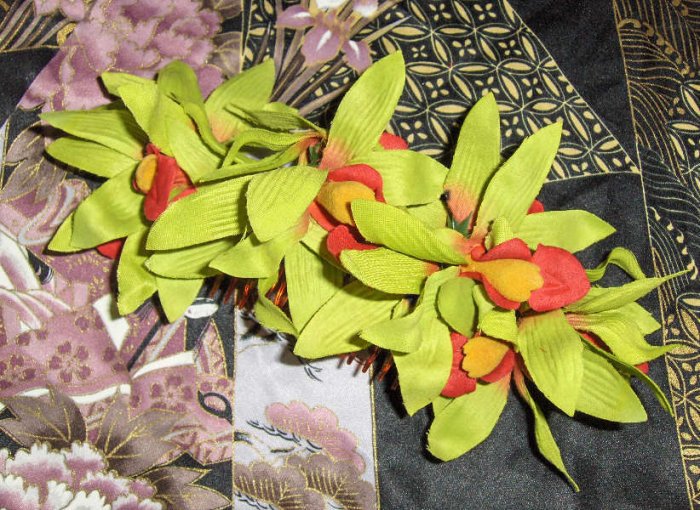 Lime green orchid hair comb large Rockabilly