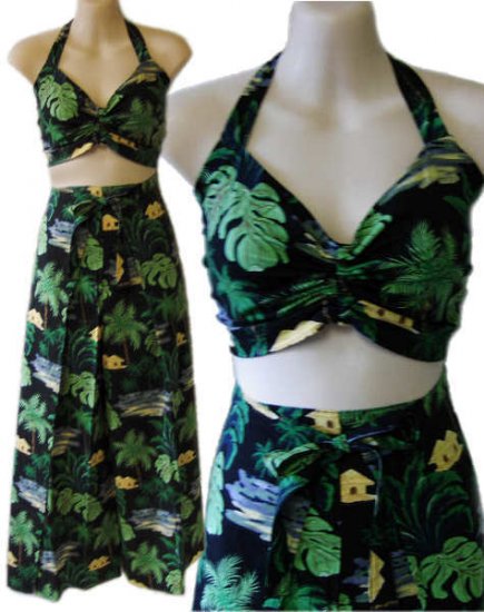40s 50s Vintage style hawaiian rockabilly pinup sarong pants halter top outfit