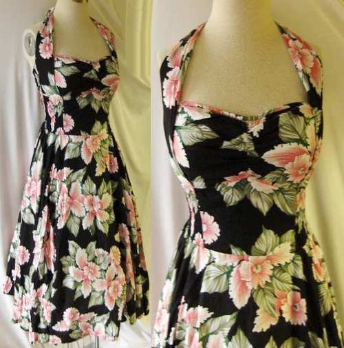 Pink Orchids Rockabilly halter dress Rayon VLV New, Large !