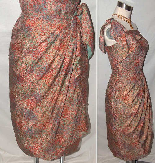 50s Vintage hawaiian dress silk sarong wiggle cocktail bombshell