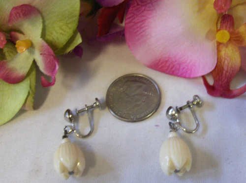 carved Vintage Hawaiian Pikake Earrings Faux Ivory