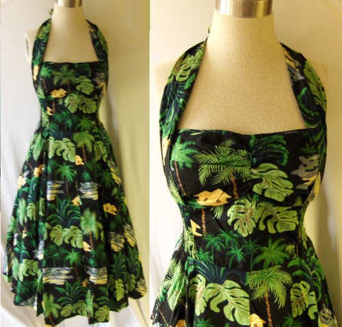 VLV VINTAGE STYLE 50s HAWAIIAN HALTER DRESS RETRO