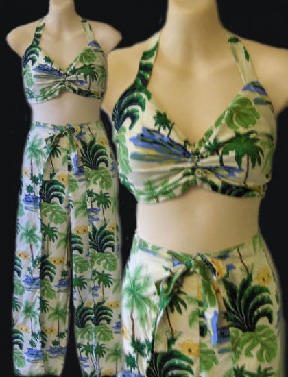 cream palm trees hula Hawaiian cruise halter top & sarong wrap pants