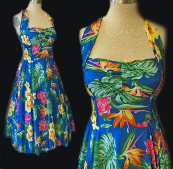 Colorful Hawaiian halter dress vintage 50s style retro Ocean cruise blue