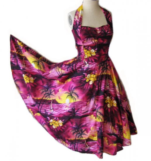 Vintage style 50s Hawaiian halter dress ROCKABILLY L