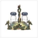 37073 Green Dragons Salt and Pepper Shakers with Glass Holder