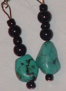 Turquoise beaded earrings, black glass beads