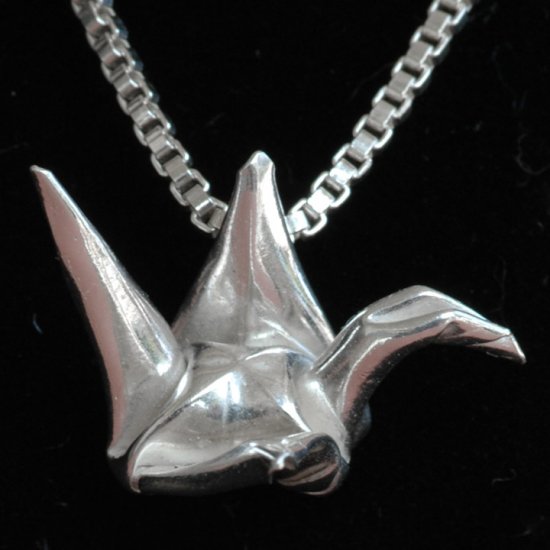 Fine Silver Origami Metalgami Peace Crane (Tsuru) Pendant on a Sterling Silver Necklace