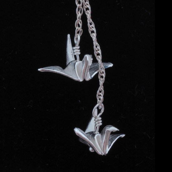 Embossed Fine Silver Origami (Metalgami) Dangling Peace Cranes (Tsuru) on a Sterling Silver Necklace